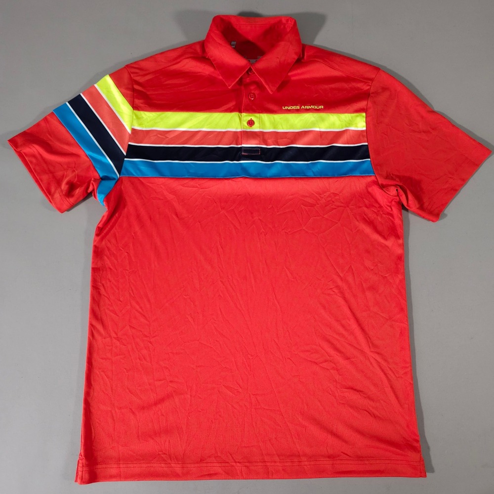 Under Armour Polo Shirt Mens Large Red Multi-Color Stripe HeatGear 1247012